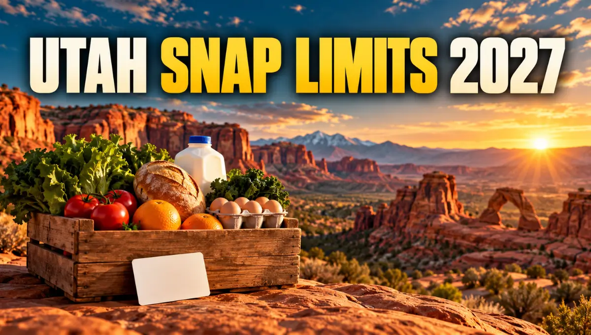 Grocery basket and benefits card in front of Utah red rock canyons for FY2027 SNAP income limits