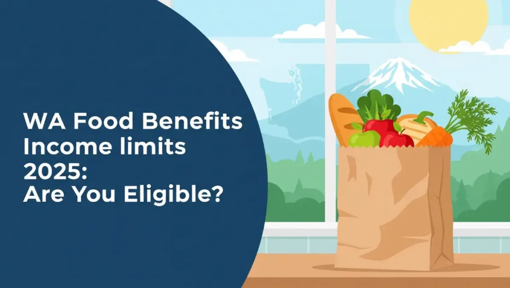 A grocery bag full of healthy food with text asking about eligibility for Washington SNAP benefits in 2025.
