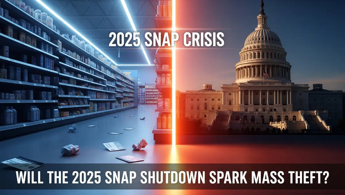 Visual showing empty Walmart aisles and U.S. Capitol symbolizing 2025 SNAP crisis and shutdown-linked food stamp delays.