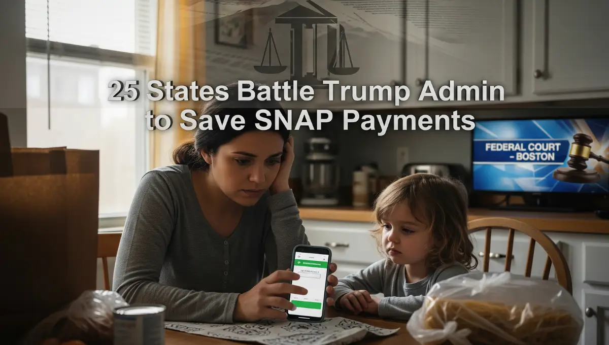Realistic photo of mother and child checking EBT card balance as judge rules on 25-state SNAP lawsuit against Trump administration during shutdown.