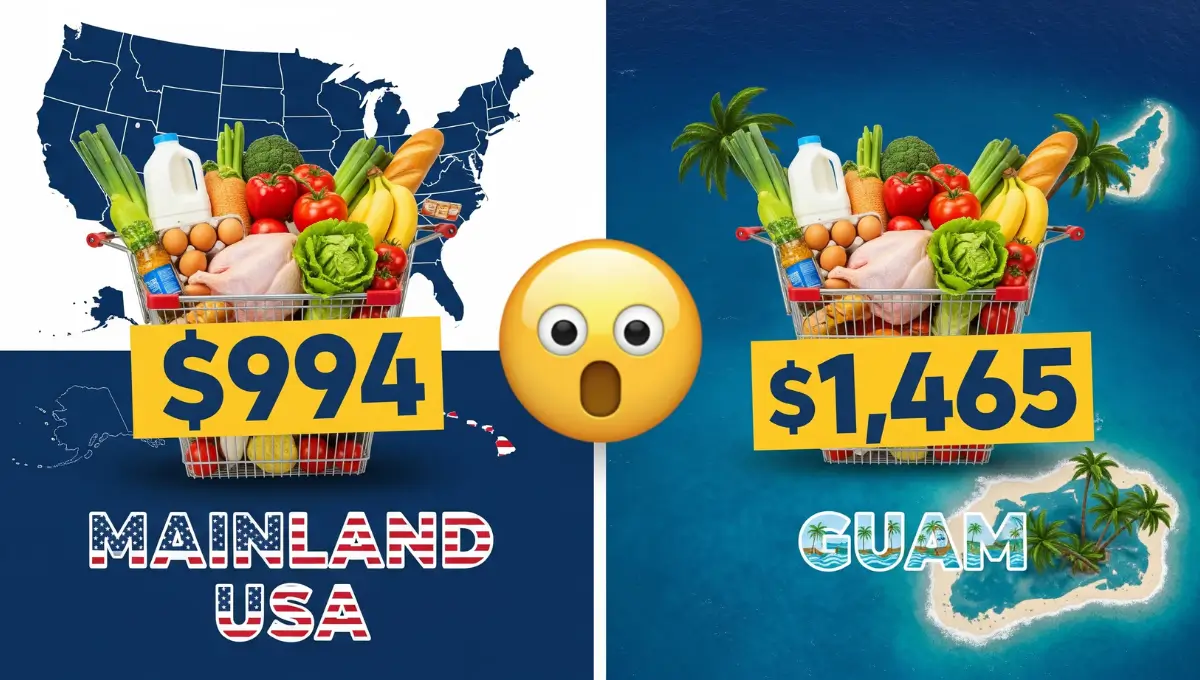 Guam grocery shopping comparison showing $1,465 SNAP benefits buys less food than $994 on US mainland due to high import costs