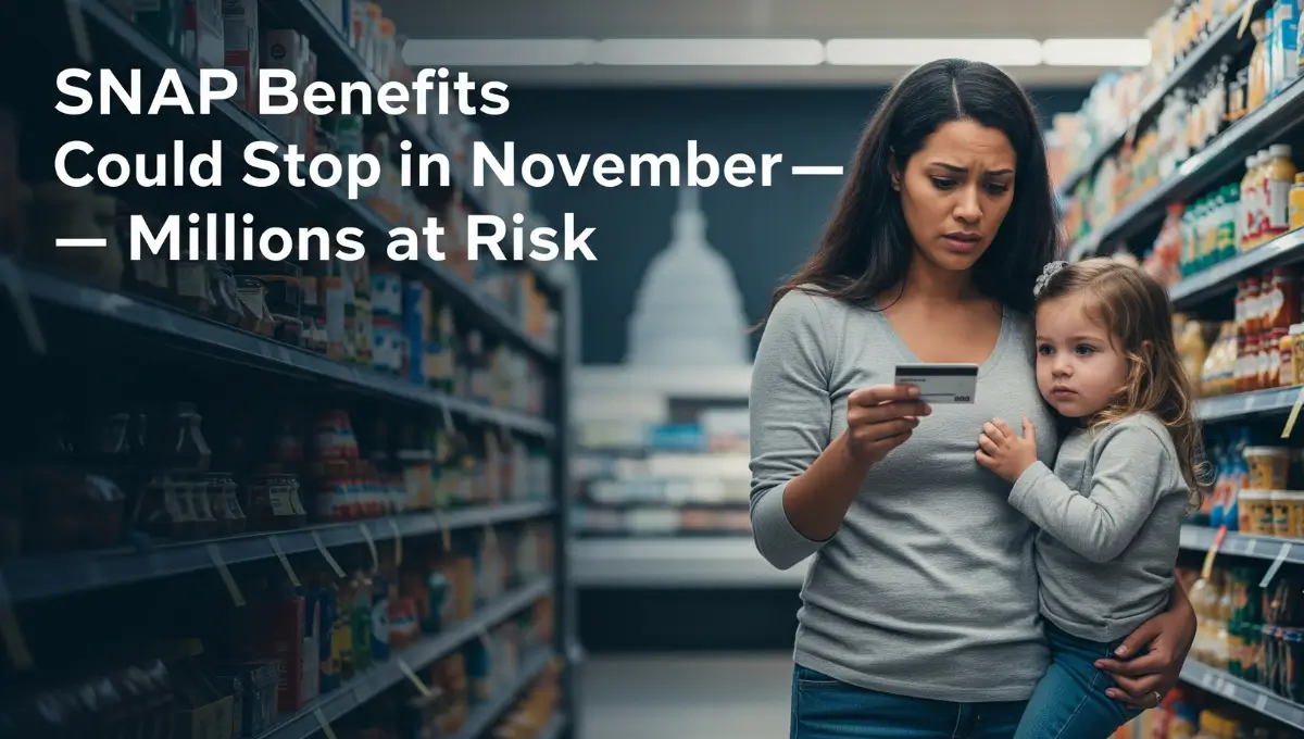 Worried mother holding an EBT card in a grocery store as SNAP benefits risk ending due to the U.S. government shutdown.