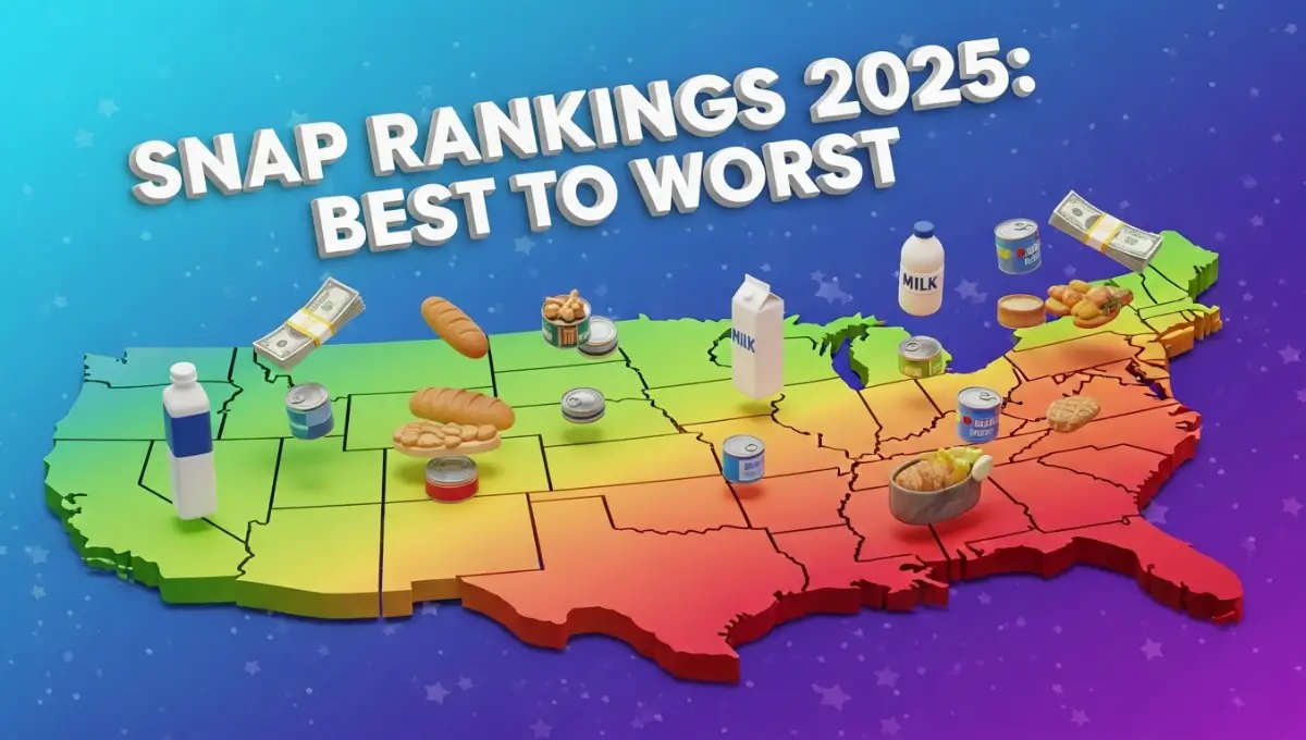 USA map showing best and worst states for SNAP food stamp benefits in 2025 with color coding