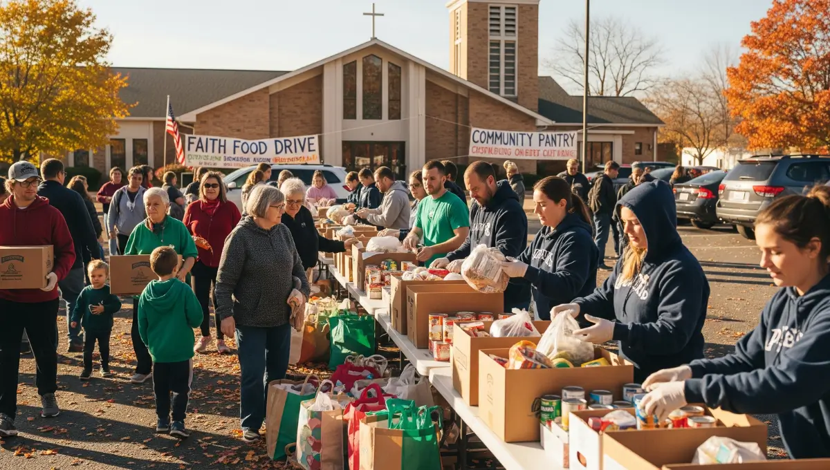 Church volunteers hand out food boxes during the 2025 SNAP shutdown crisis, symbolizing faith-based support for struggling families in the U.S.