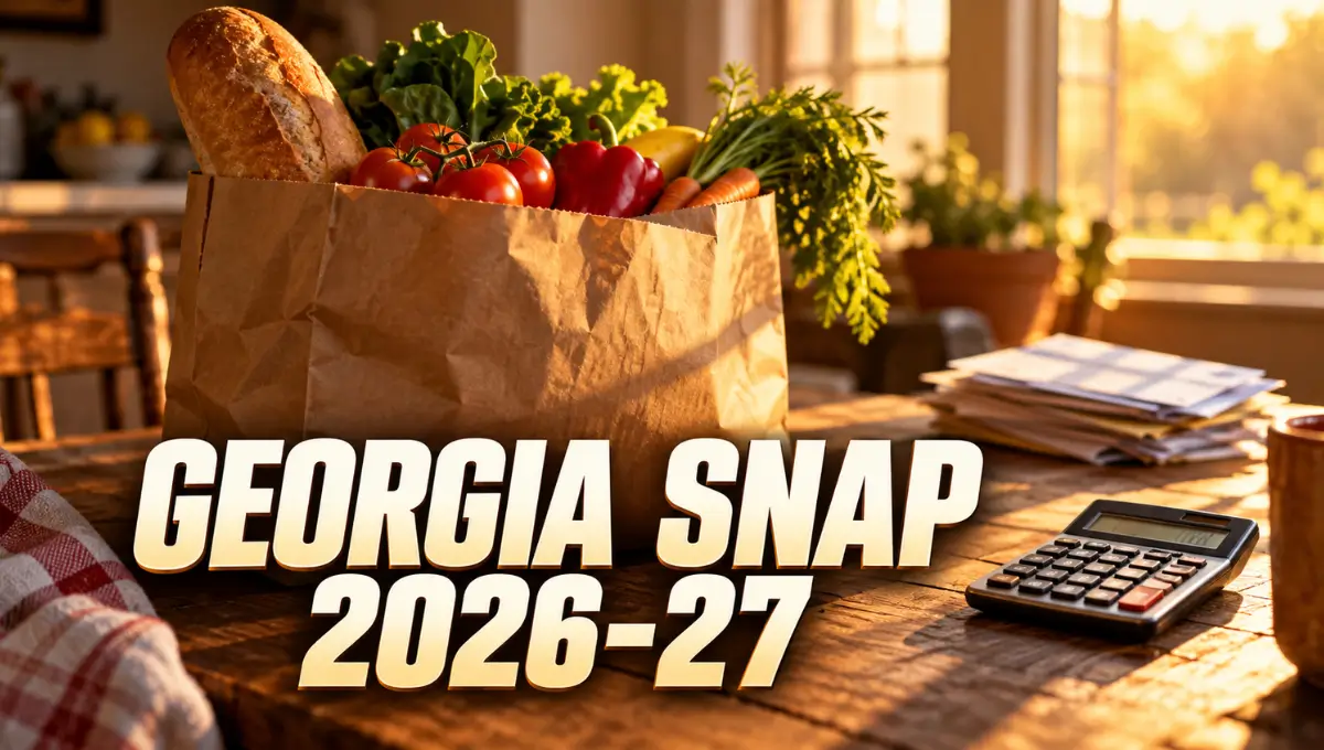 Kitchen table scene with groceries and calculator representing Georgia SNAP income limits for 2026-2027