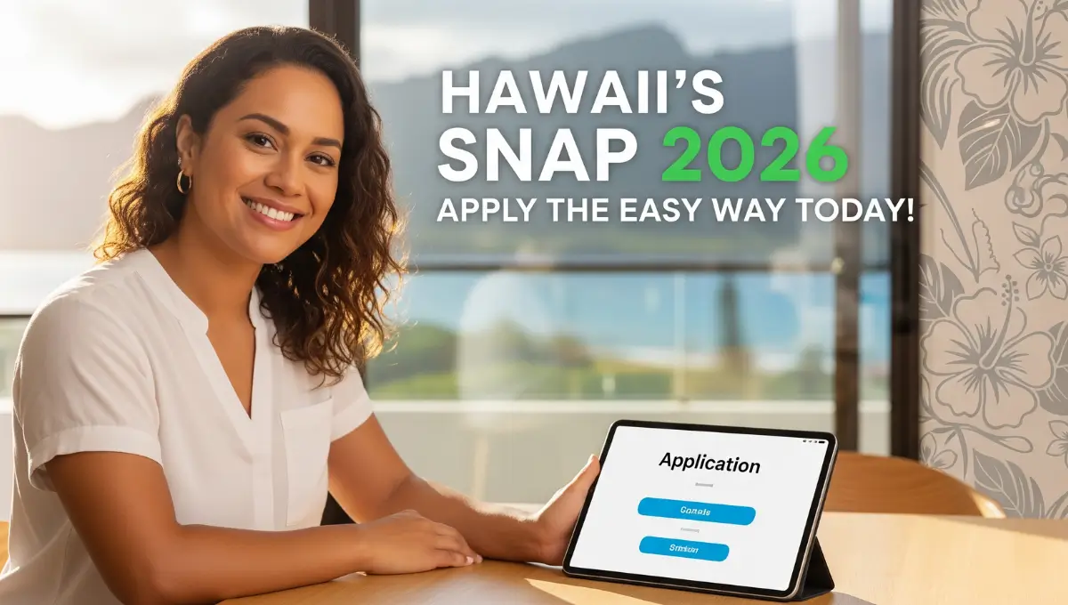 Smiling resident using a tablet to submit the Hawaii SNAP application 2026 quickly and easily online.
