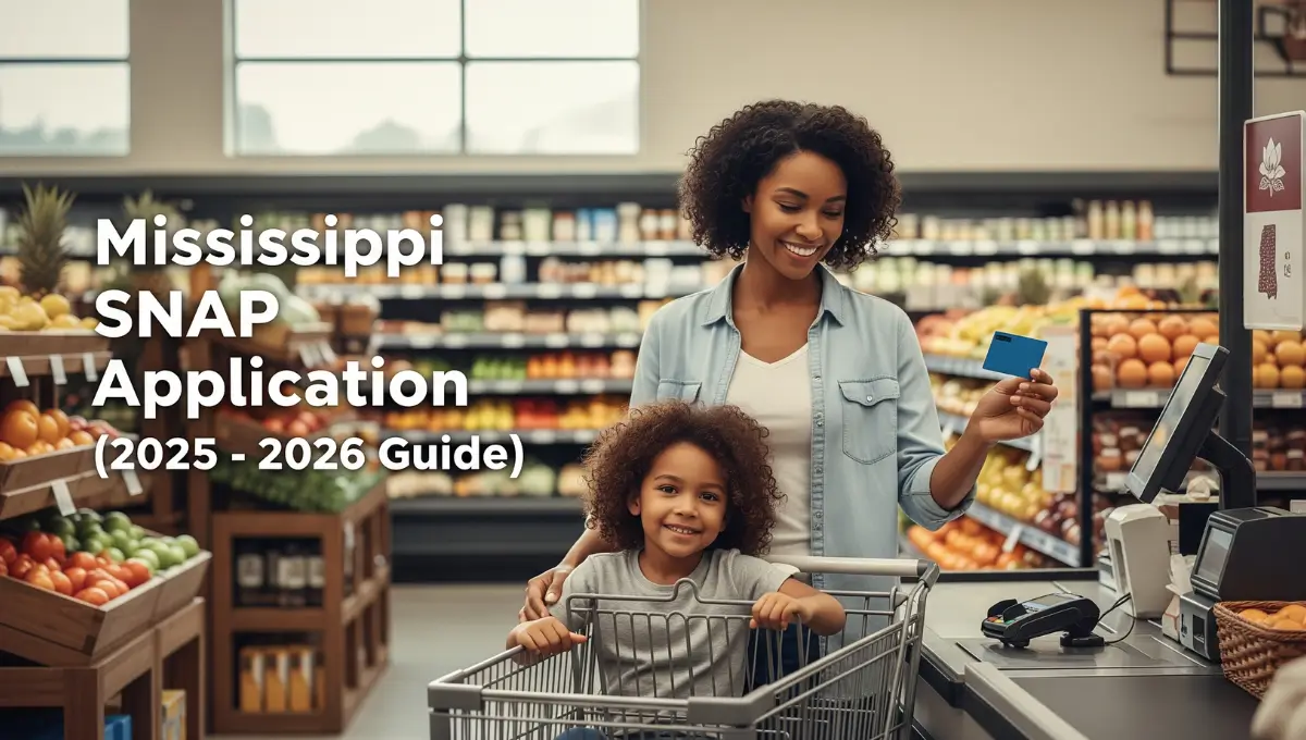 Mississippi family using EBT card at grocery store with SNAP application guide title overlay