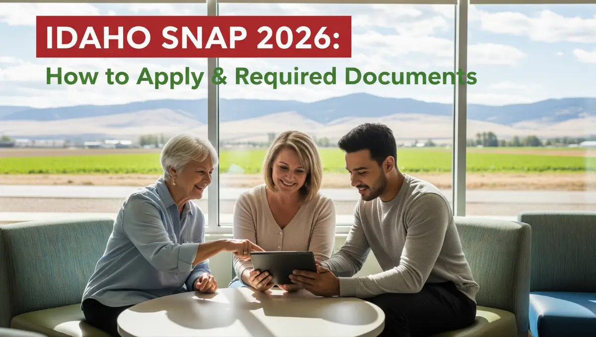 Diverse individuals looking at a guide for Idaho SNAP application 2026, symbolizing easy access to food assistance resources.