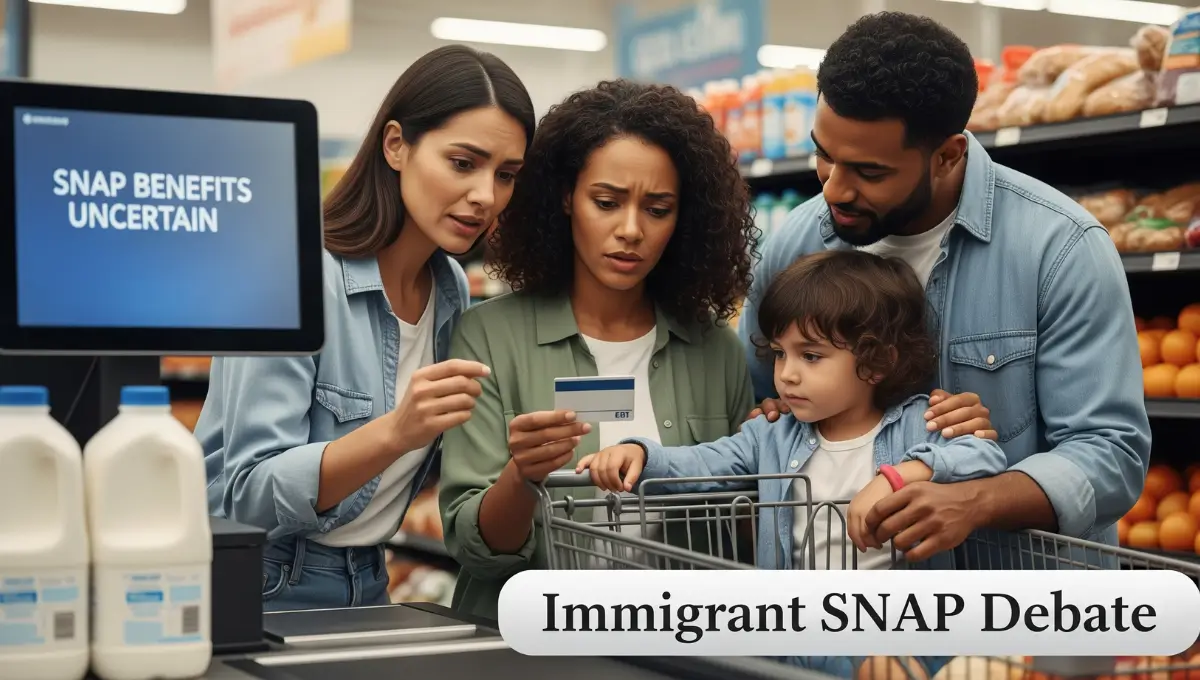 Mixed-status immigrant family worried about SNAP benefits during the U.S. shutdown holding EBT card in a grocery store