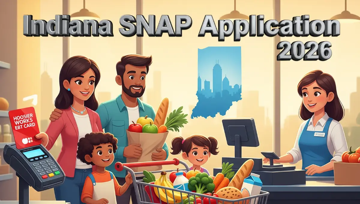 Indiana SNAP application 2026 – family using Hoosier Works EBT card at grocery store checkout