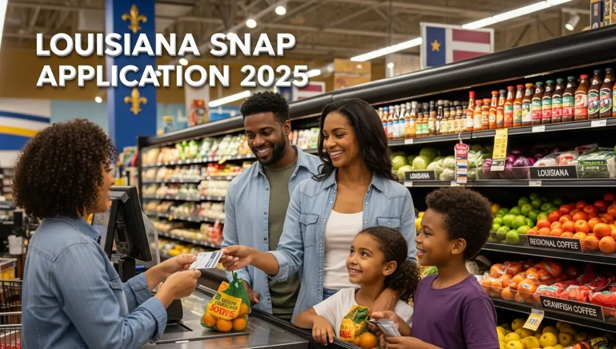 A Louisiana family applying for SNAP benefits in 2025 using an EBT card at a grocery store checkout with fresh produce and Louisiana-themed background.