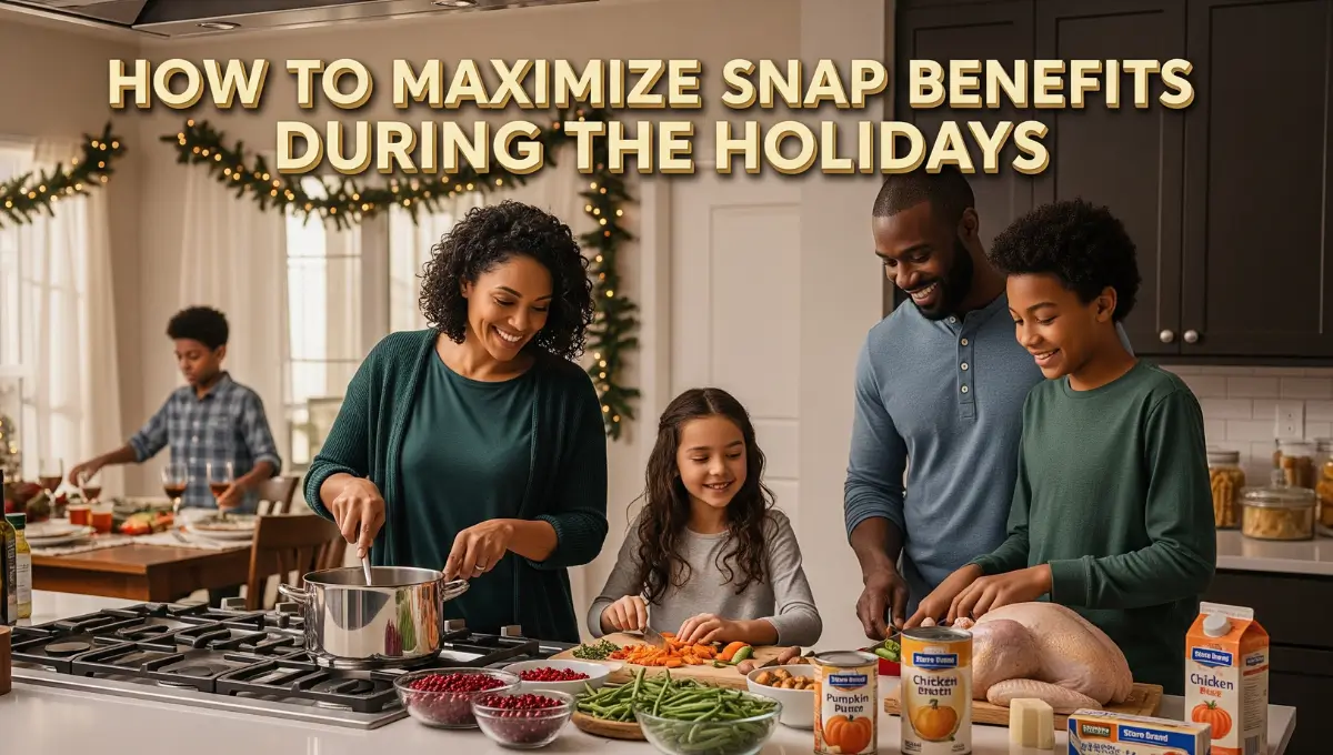 Family using SNAP EBT benefits to prepare affordable holiday meal with turkey and vegetables