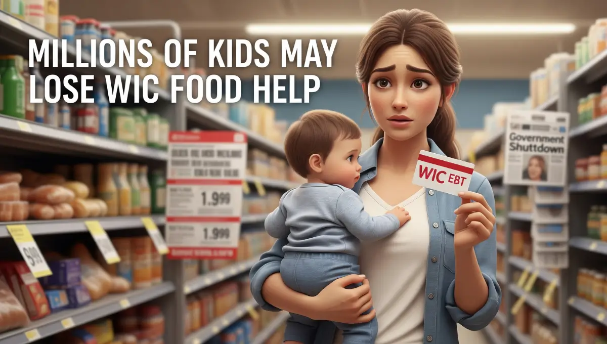 Mother holding baby and WIC EBT card with title text ‘Millions of Kids May Lose WIC Food Help’ during the 2025 government shutdown.
