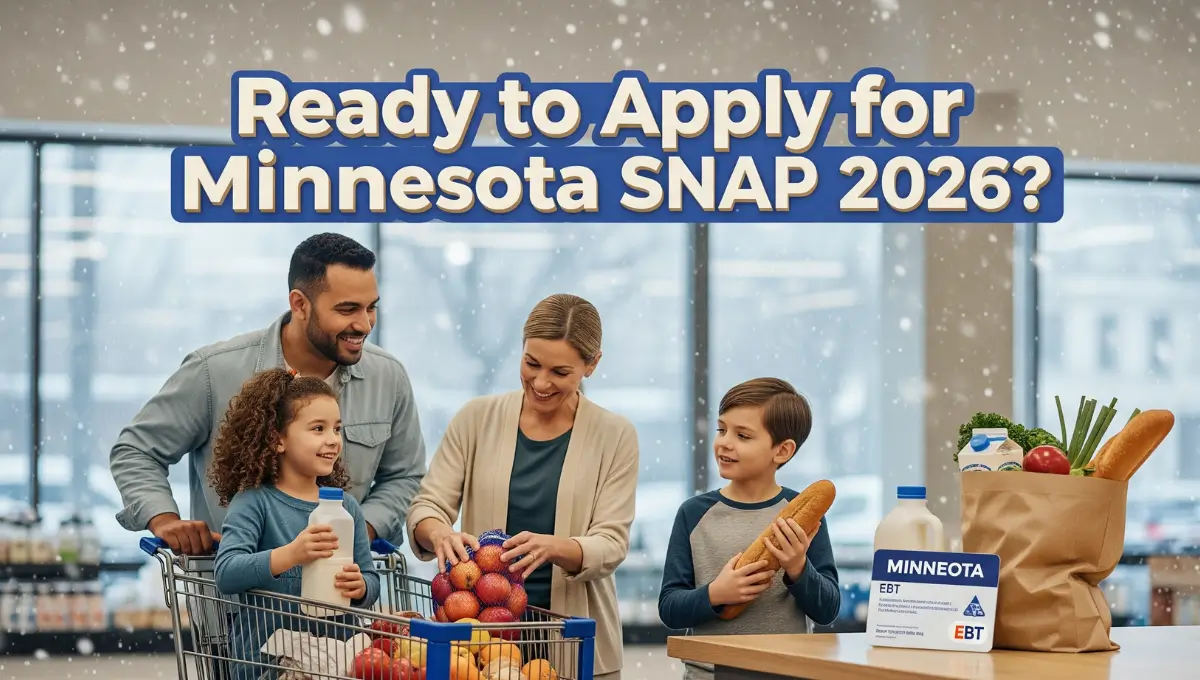 Realistic image of a Minnesota family using an EBT card at a grocery store, representing how to apply for Minnesota SNAP food assistance in 2026.