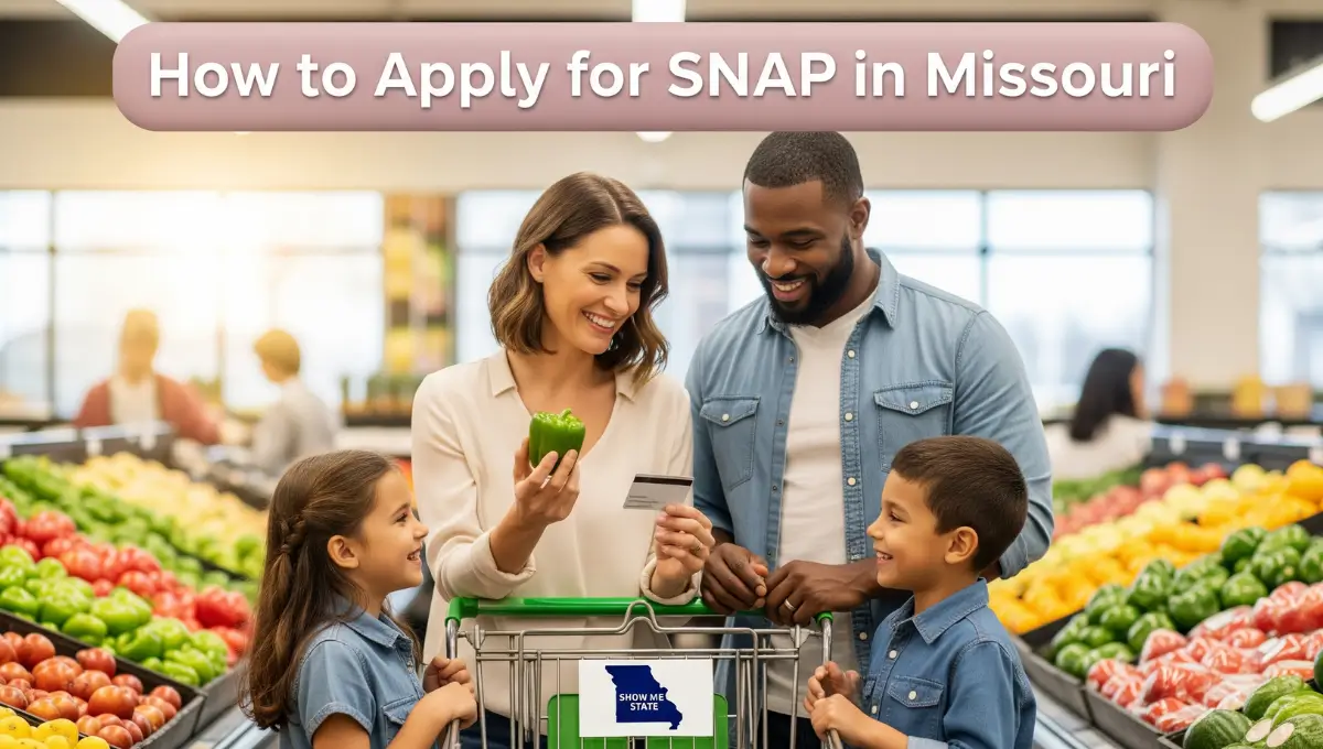 Missouri family using an EBT card while grocery shopping, applying for SNAP benefits in Missouri