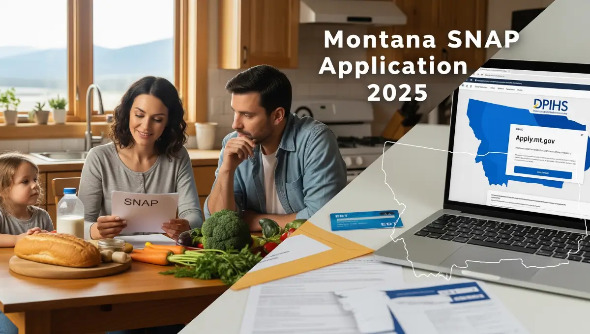 Montana SNAP Application 2025 guide – family applying online for food stamps through DPHHS with EBT card and groceries