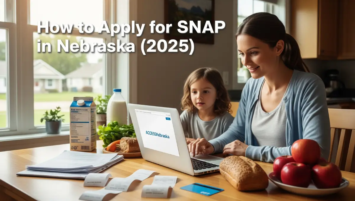 Mother and child completing Nebraska SNAP application online through ACCESSNebraska with EBT card and groceries on table, 2025 guide.