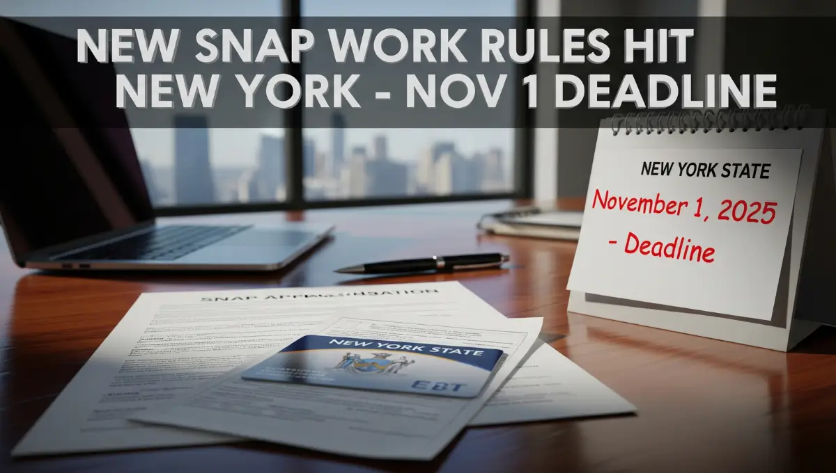 New York SNAP work rules 2025 deadline shown with EBT card and government paperwork under One Big Beautiful Bill on November 1, 2025.