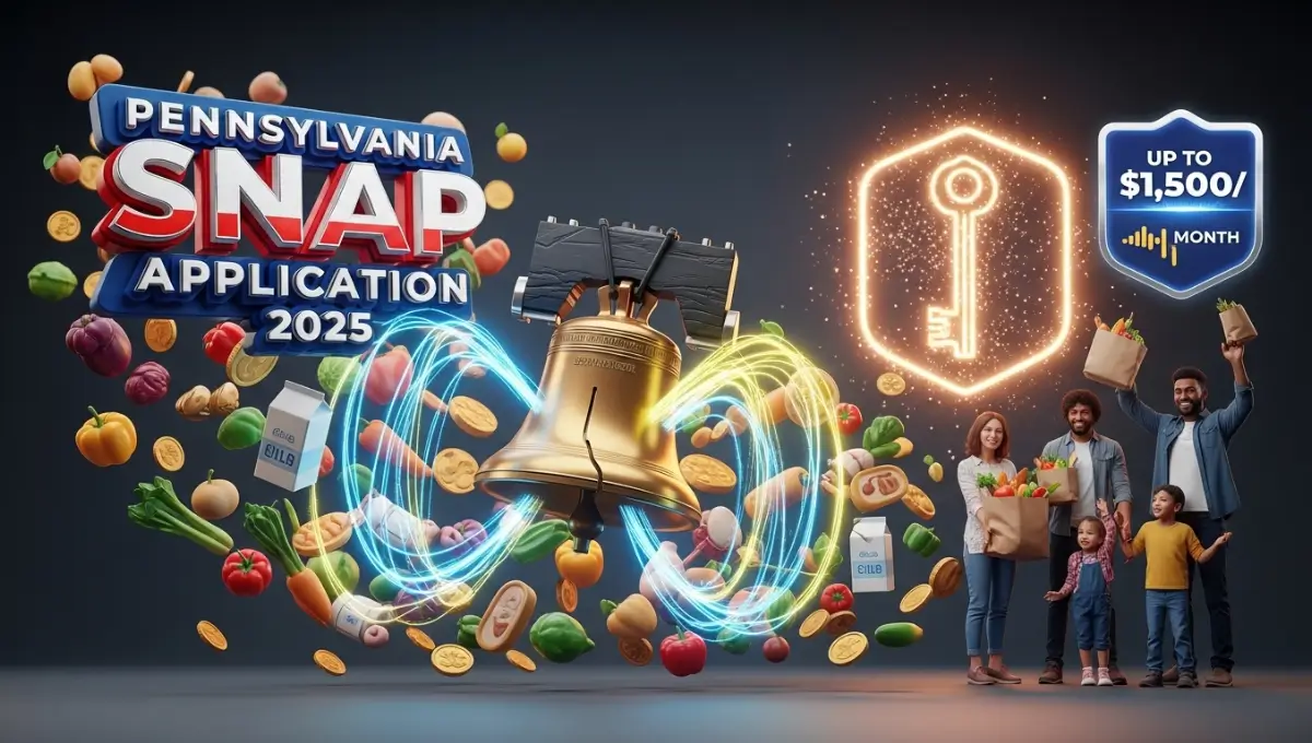Pennsylvania SNAP benefits 2025 application guide - 3D animated Liberty Bell with food assistance symbols and benefit amounts
