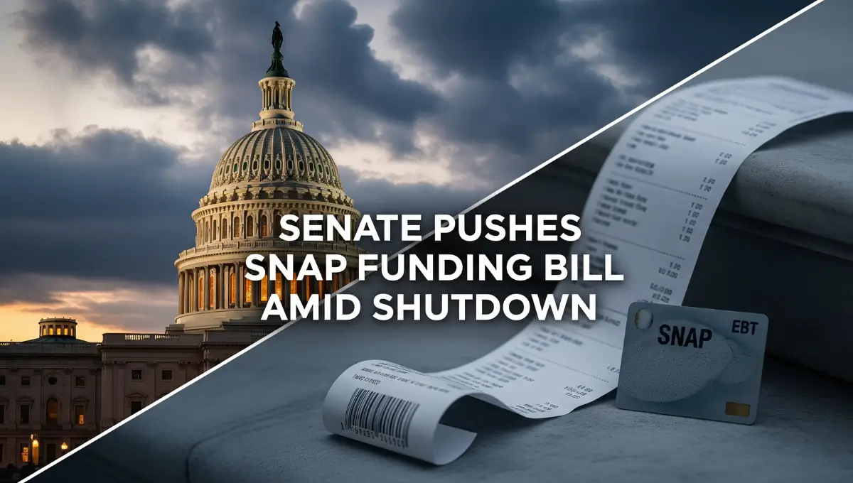 The U.S. Capitol building at dusk with grocery bags and a SNAP card symbolizing Senate efforts to fund food assistance during the federal shutdown.