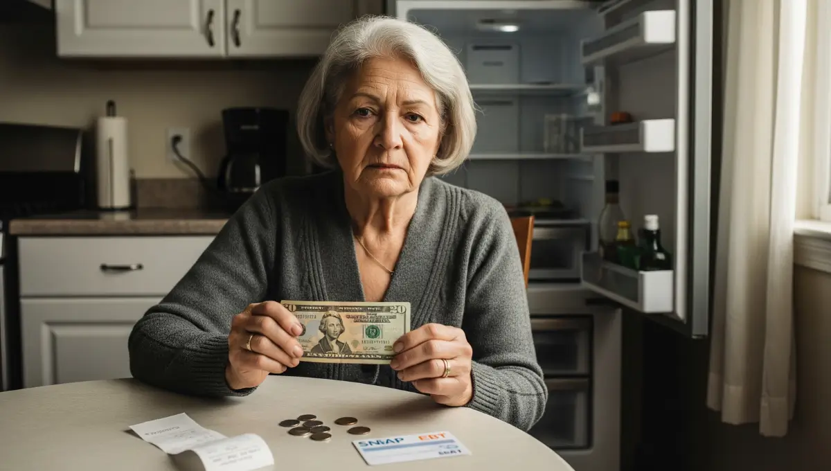 Senior woman holding $24 in cash representing monthly SNAP food stamp benefits at kitchen table with EBT card