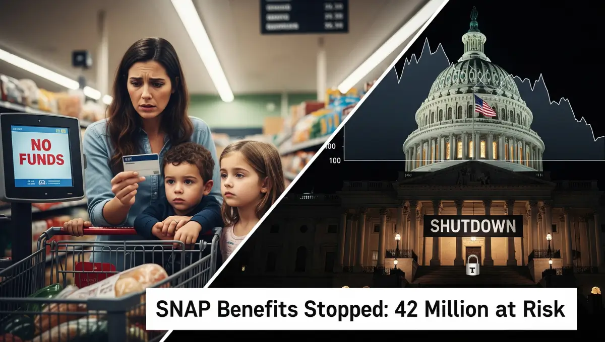 Worried family at grocery checkout with EBT card declined next to U.S. Capitol shutdown scene, highlighting SNAP benefits halted Nov. 2025.