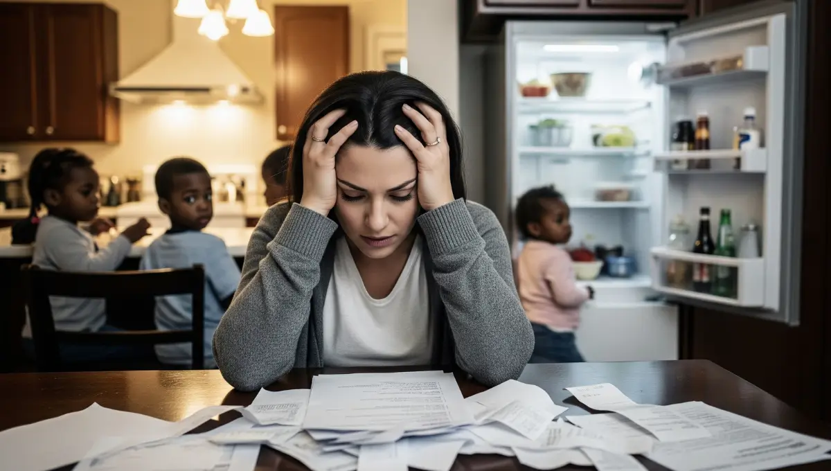 Single mother stressed over food stamp benefits loss after pay raise with bills on kitchen table