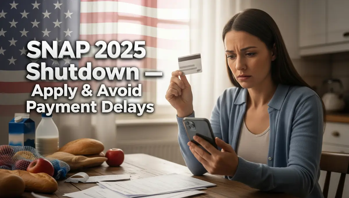 Worried mother holding EBT card during 2025 government shutdown, learning how to apply for SNAP and prevent payment delays.
