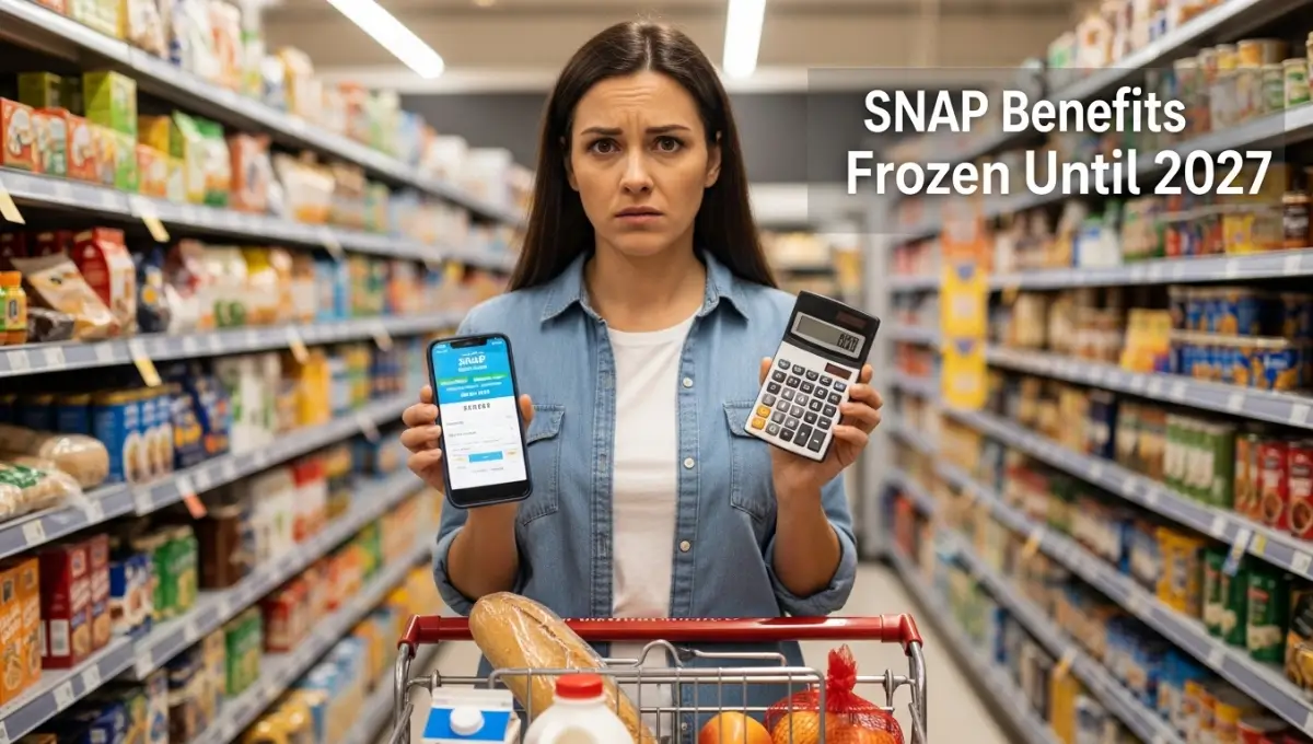 Concerned mother checking SNAP benefits balance on phone while grocery shopping with limited food stamps in supermarket aisle