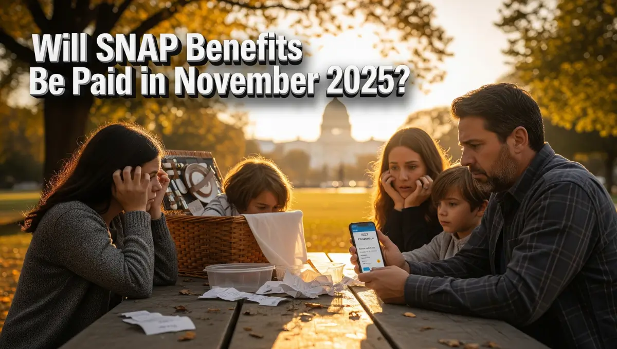 Family checking EBT balance during the 2025 government shutdown, worried about November SNAP payments.