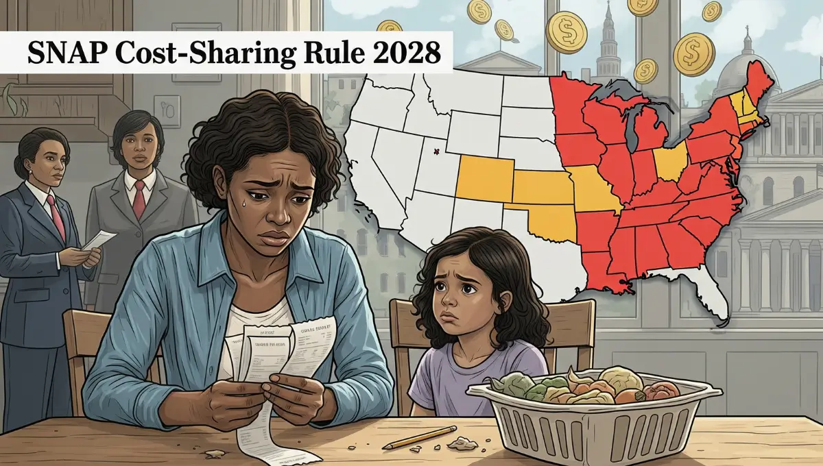 Illustration showing families and U.S. states affected by new SNAP cost-sharing rule under the One Big Beautiful Bill Act.