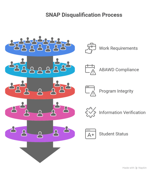Infographic explaining 7 SNAP disqualification rules including work requirements, fraud penalties, student restrictions, and eligibility loss reasons.