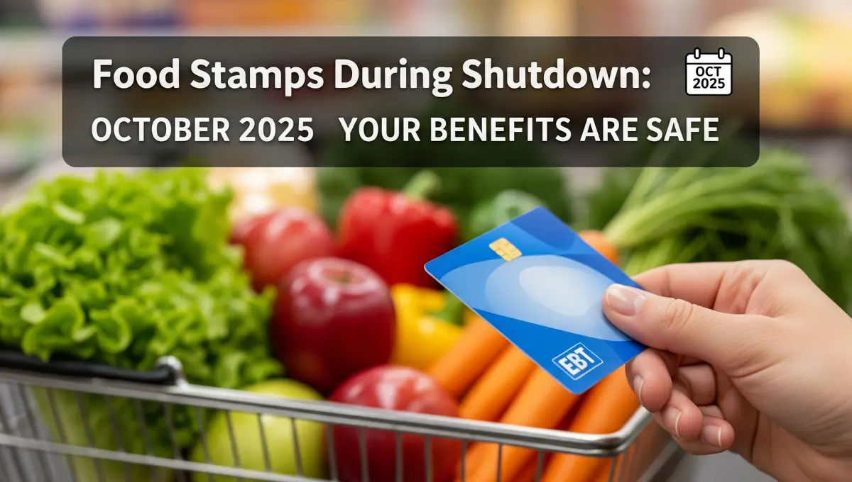 EBT card at grocery store with fresh produce showing SNAP benefits continue during October 2025 government shutdown