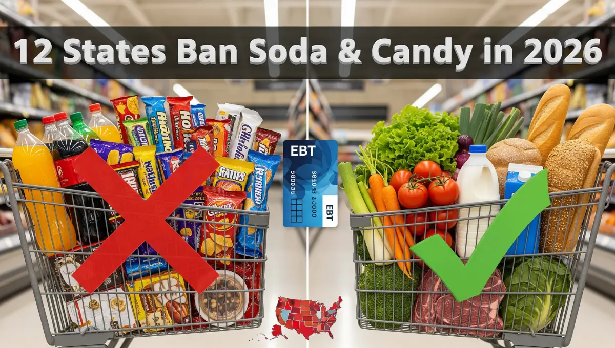 Split view showing restricted junk food and allowed healthy food for SNAP benefits in 12 states starting 2026 with EBT card