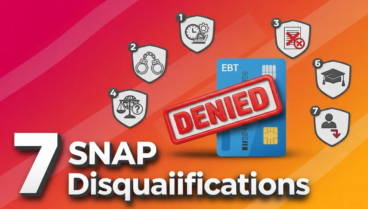 Seven reasons people get disqualified from SNAP food stamp benefits including work requirements and fraud