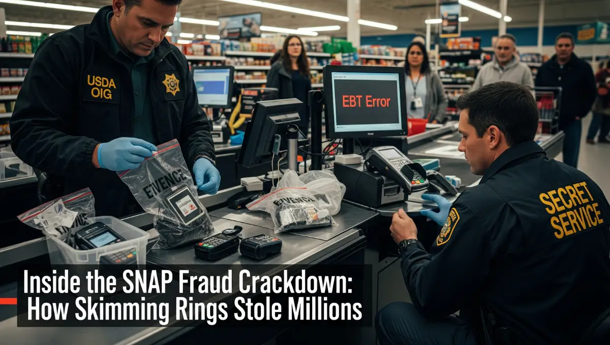 Federal agents investigate EBT skimming fraud during the 2025 SNAP crackdown, uncovering a $2.4 million theft ring across Oregon and California.
