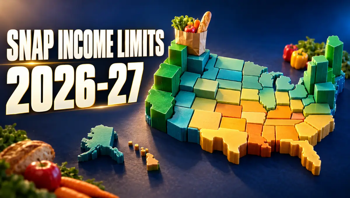 3D U.S. map with states raised to different heights, showing that SNAP income limits differ by state in 2026-2027