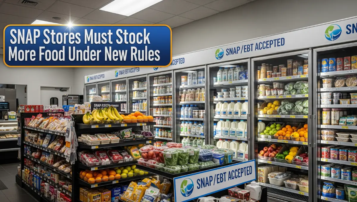 Convenience store shelves stocked with fresh dairy, fruits, vegetables and groceries displaying SNAP EBT accepted signage under new USDA retailer stocking requirements 2025