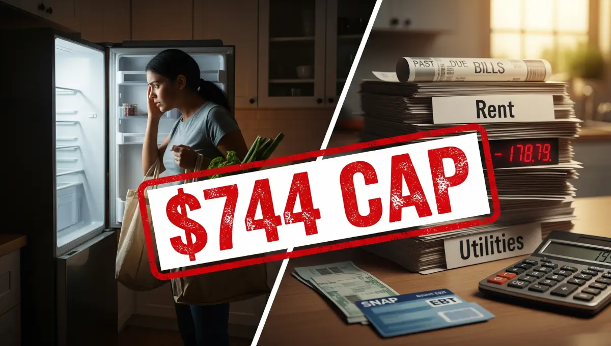 Worried mother with grocery bags facing empty refrigerator next to large $744 SNAP shelter cap text and unpaid rent bills on kitchen counter