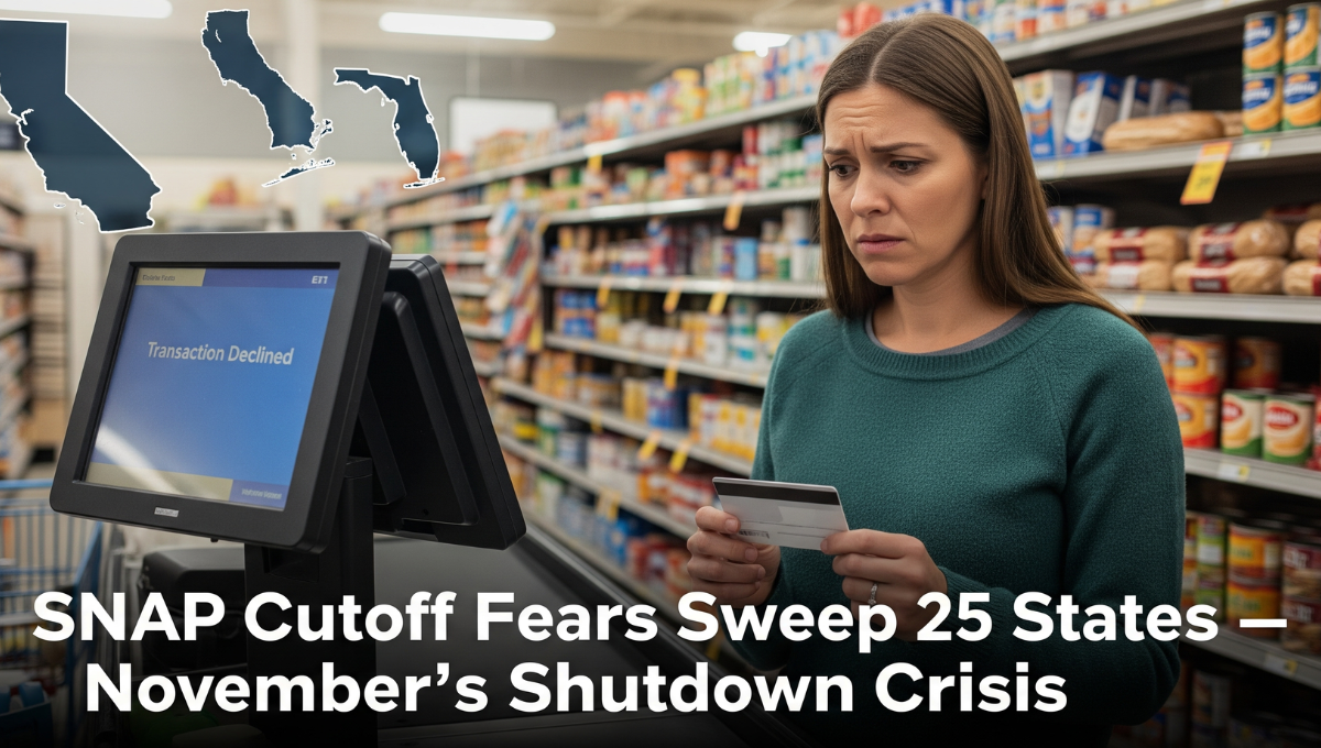 A mother in a grocery store holds her EBT card as a “Transaction Declined” message appears, symbolizing the 2025 SNAP shutdown crisis spreading across 25 states.