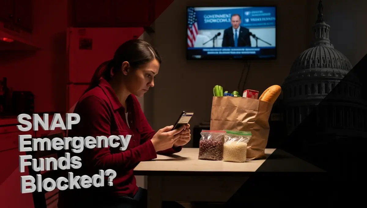 Worried mother checking EBT food stamp balance while U.S. government shutdown threatens SNAP emergency funds