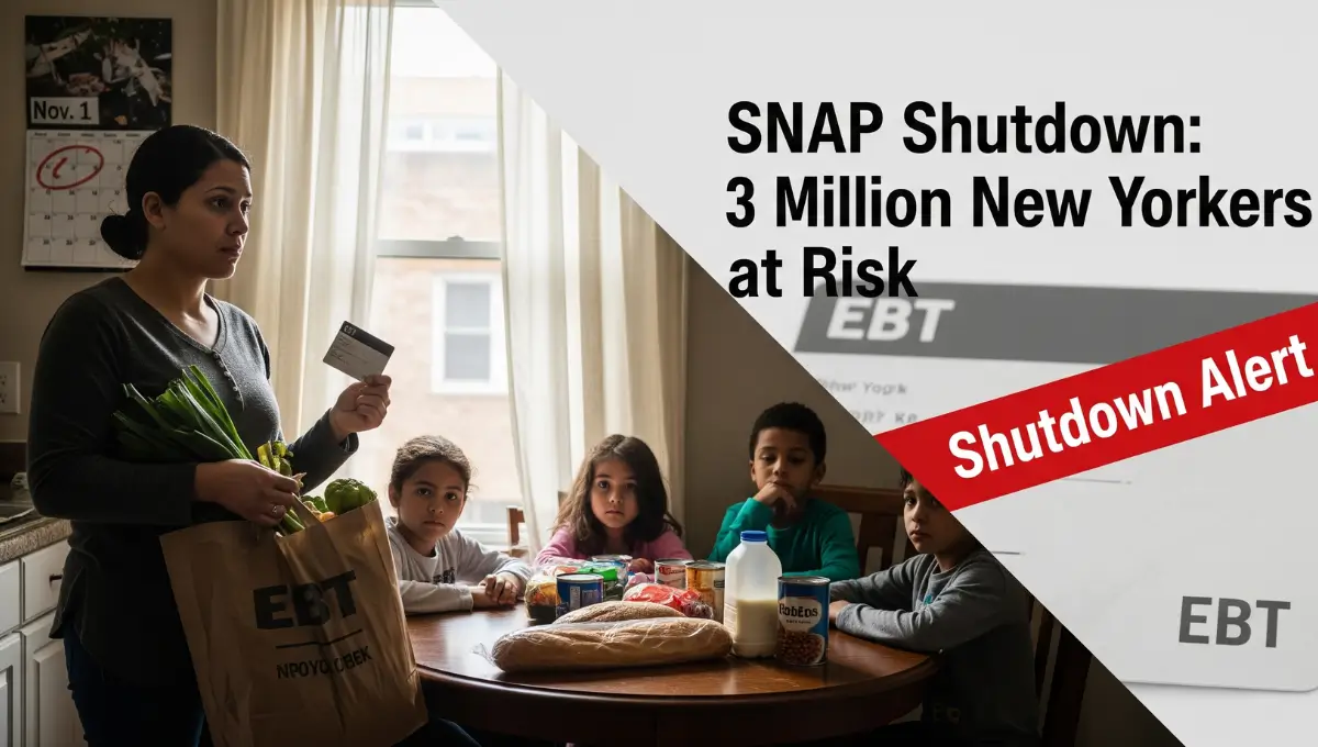 New York mother holding EBT card with groceries as her children eat a small meal, showing fear over SNAP food stamp shutdown on November 1, 2025.