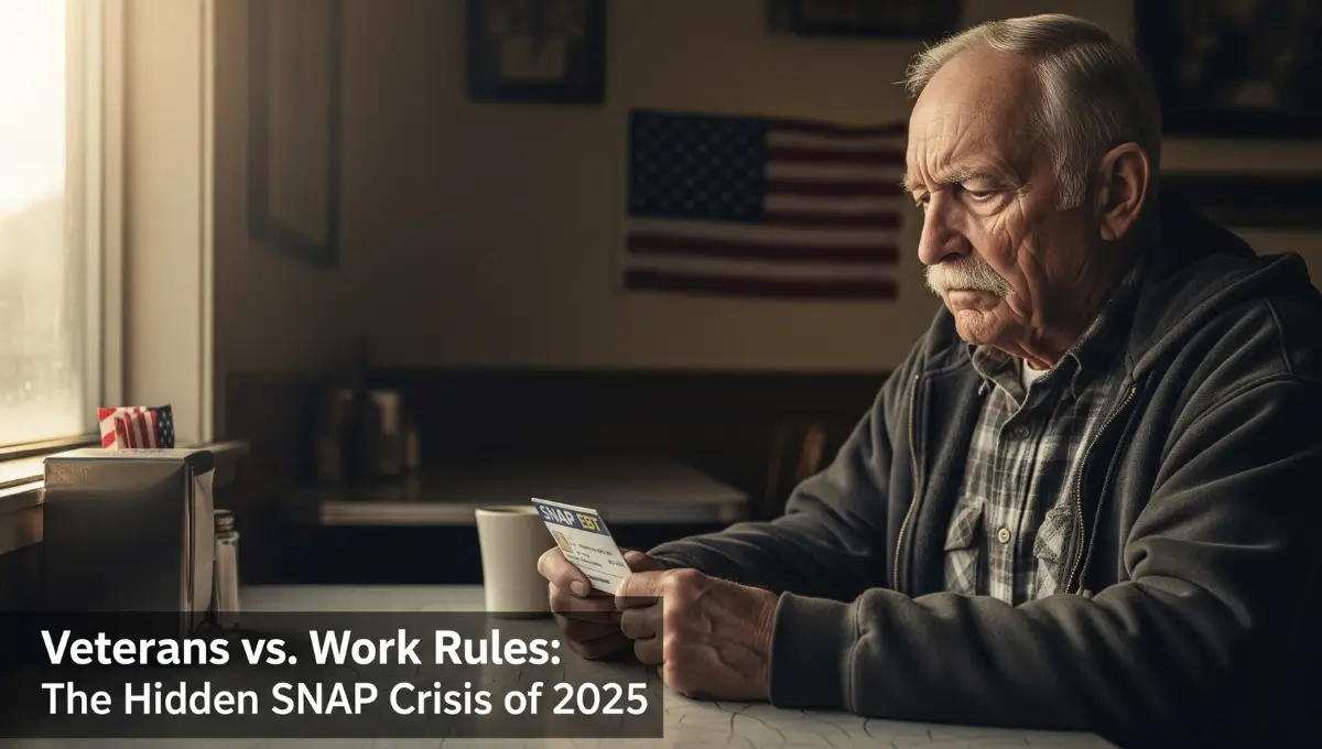 An elderly veteran in rural America looks at his SNAP EBT card, reflecting new 2025 work rule challenges hitting veterans and rural seniors.