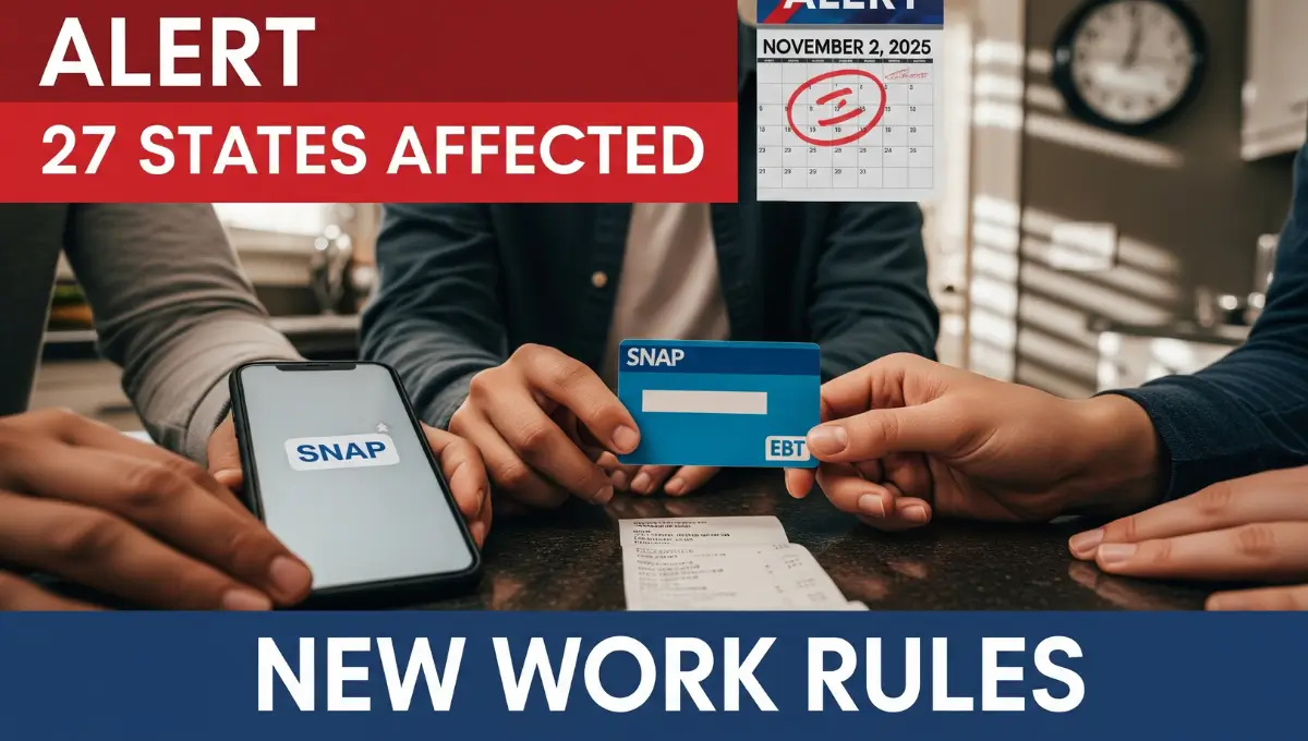 Empty SNAP EBT card held by hands with November 2025 deadline alert showing 27 states losing food stamp work waivers