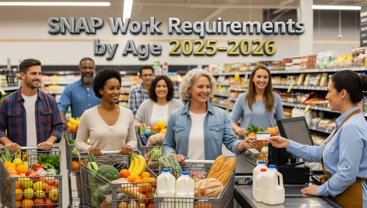 SNAP work requirements by age 2025–2026 explained with EBT card and grocery store scene showing adults shopping for food
