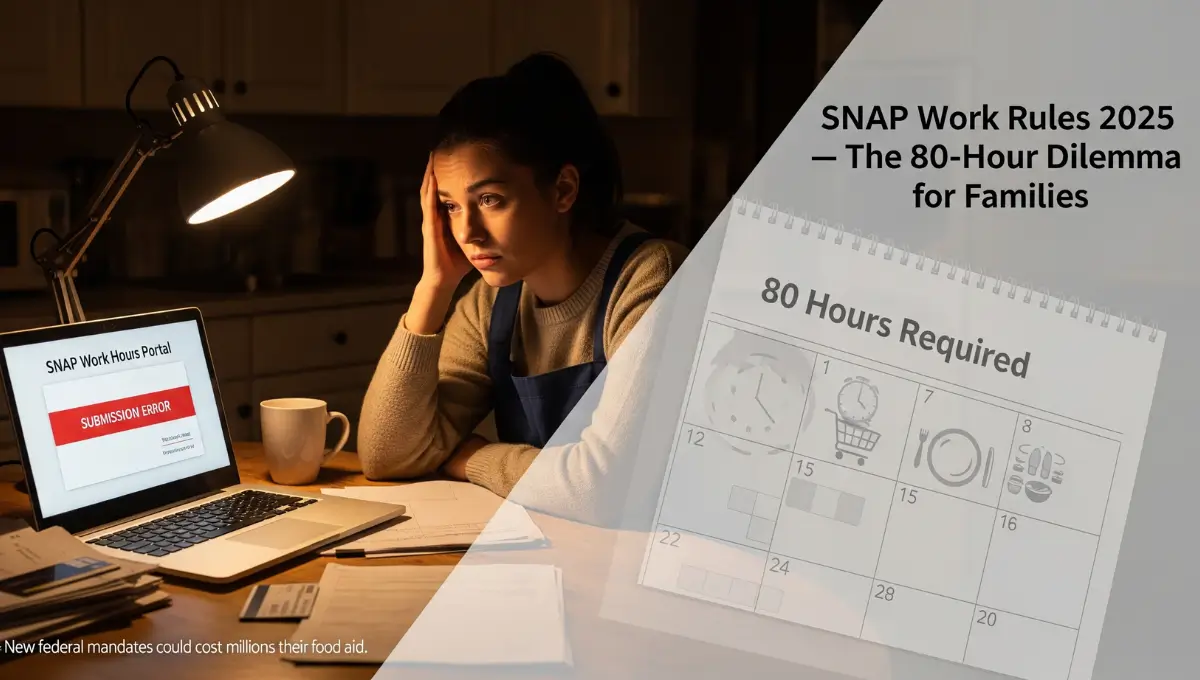 A working mother struggles to log required hours on her laptop under new SNAP 2025 work rules, with a calendar overlay showing “80 Hours Required.