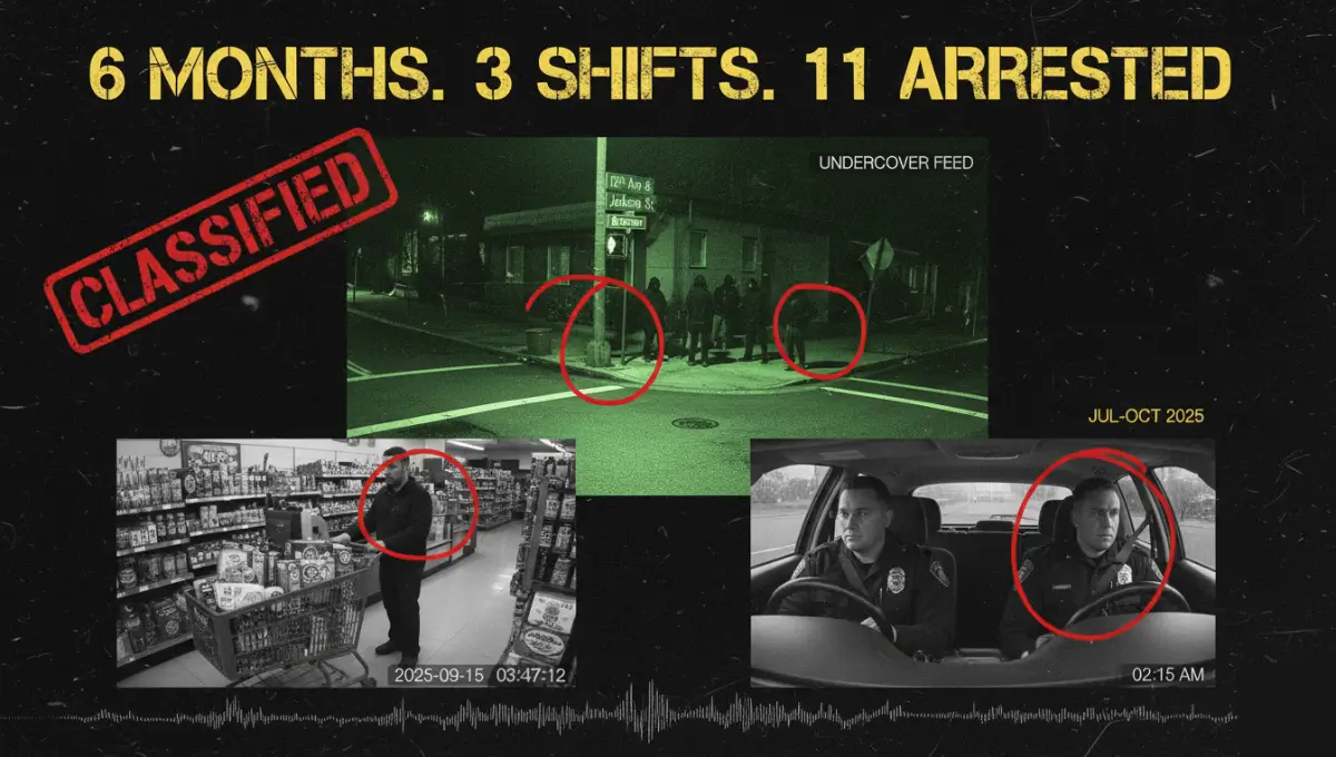 Surveillance camera composite image showing Seattle police undercover operation footage of EBT food stamp fraud ring at 12th Avenue and Jackson Street with 11 suspects arrested after 6-month investigation
