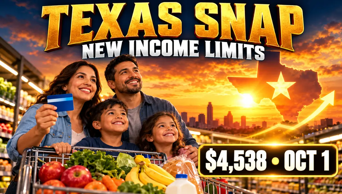 Texas family with a grocery cart of fresh food under a sunset sky, with the text "Texas SNAP New Income Limits $4,538 Oct 1"
