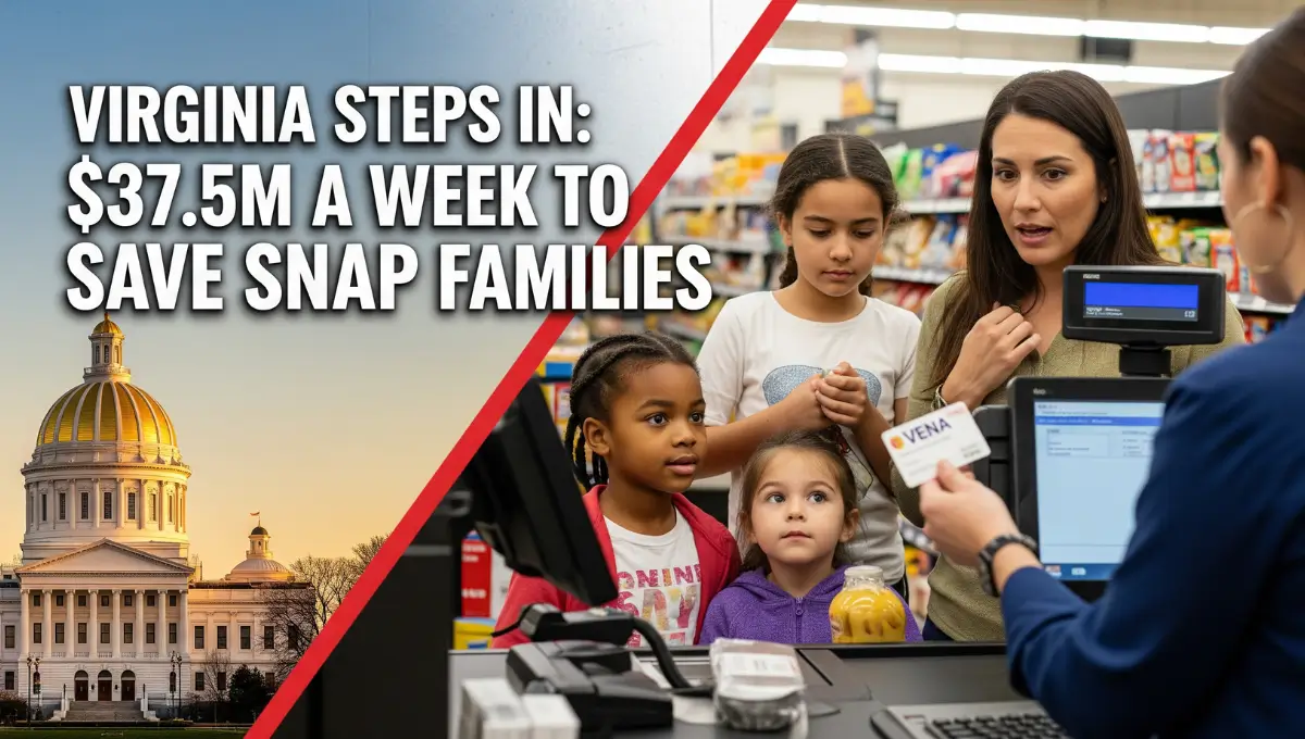 A Virginia mother uses a VENA EBT card at a grocery store as her children stand beside her, with the State Capitol in the background symbolizing state relief efforts.