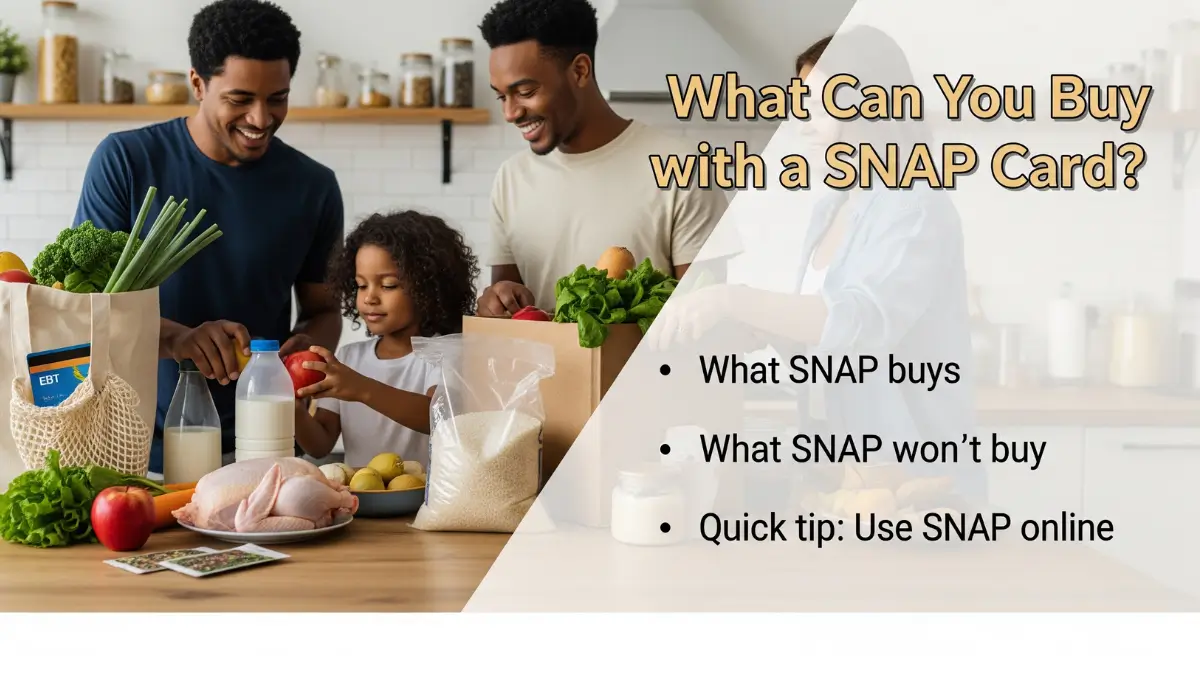 Family unpacking groceries with EBT card — eligible SNAP items like fruits, milk, rice, and seeds visible.